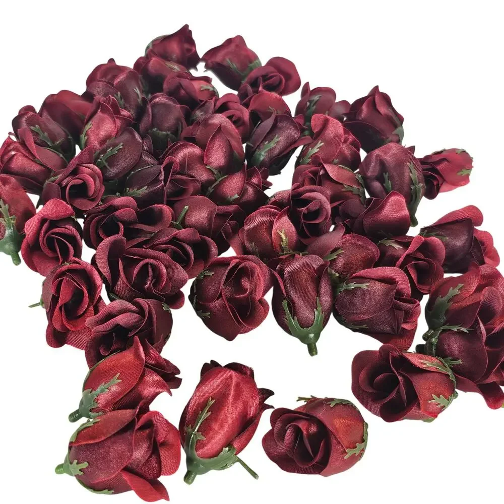 50 Burgundy Red Satin Rose Buds Stemless Wedding Floral Craft DIY 2 inch Flowers